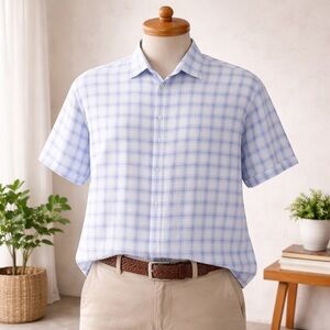 Joseph Abboud Linen blend resort Shirt 3X Blue Plaid Short Sleeve Beach Summer